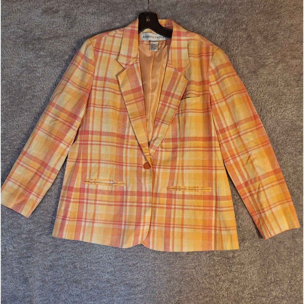 Adolfo Studio Vintage Womens Orange Yellow Plaid Linen Blazer Jacket Petite 10P